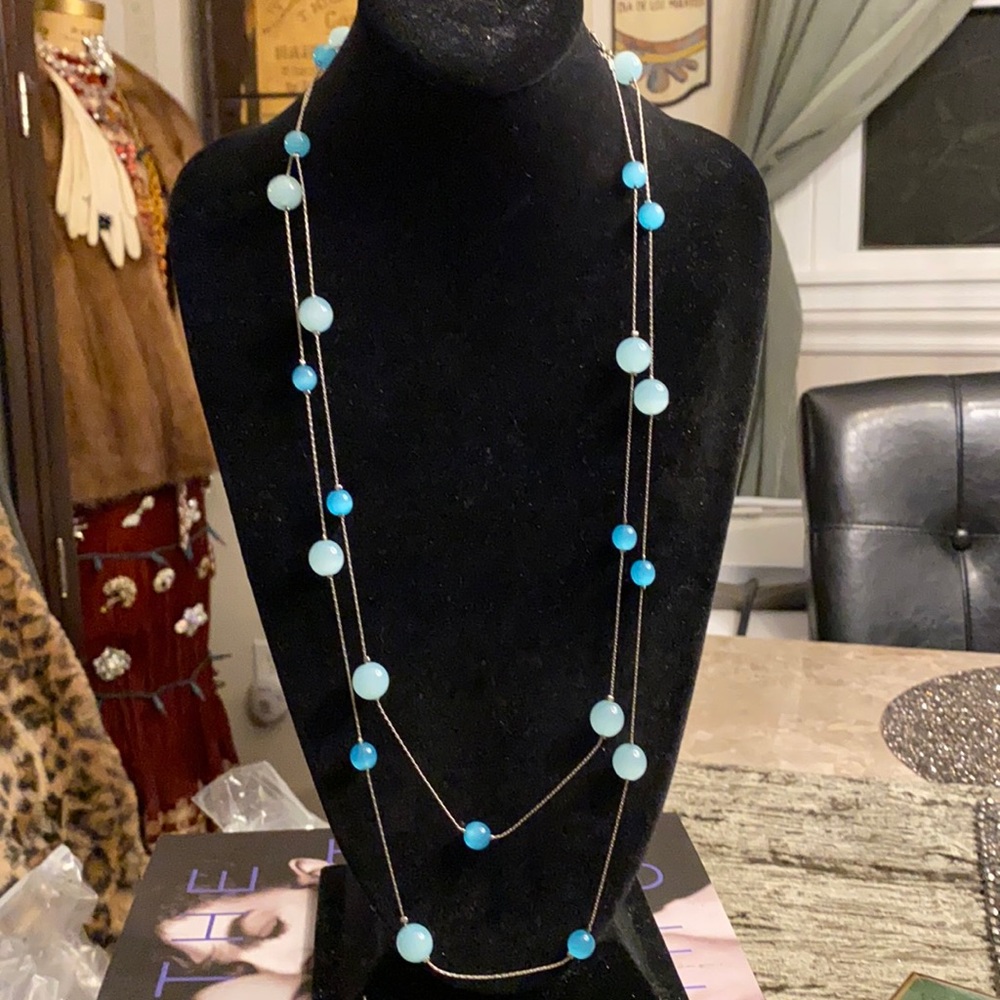 Silver chain link and blue glass bubble Necklace